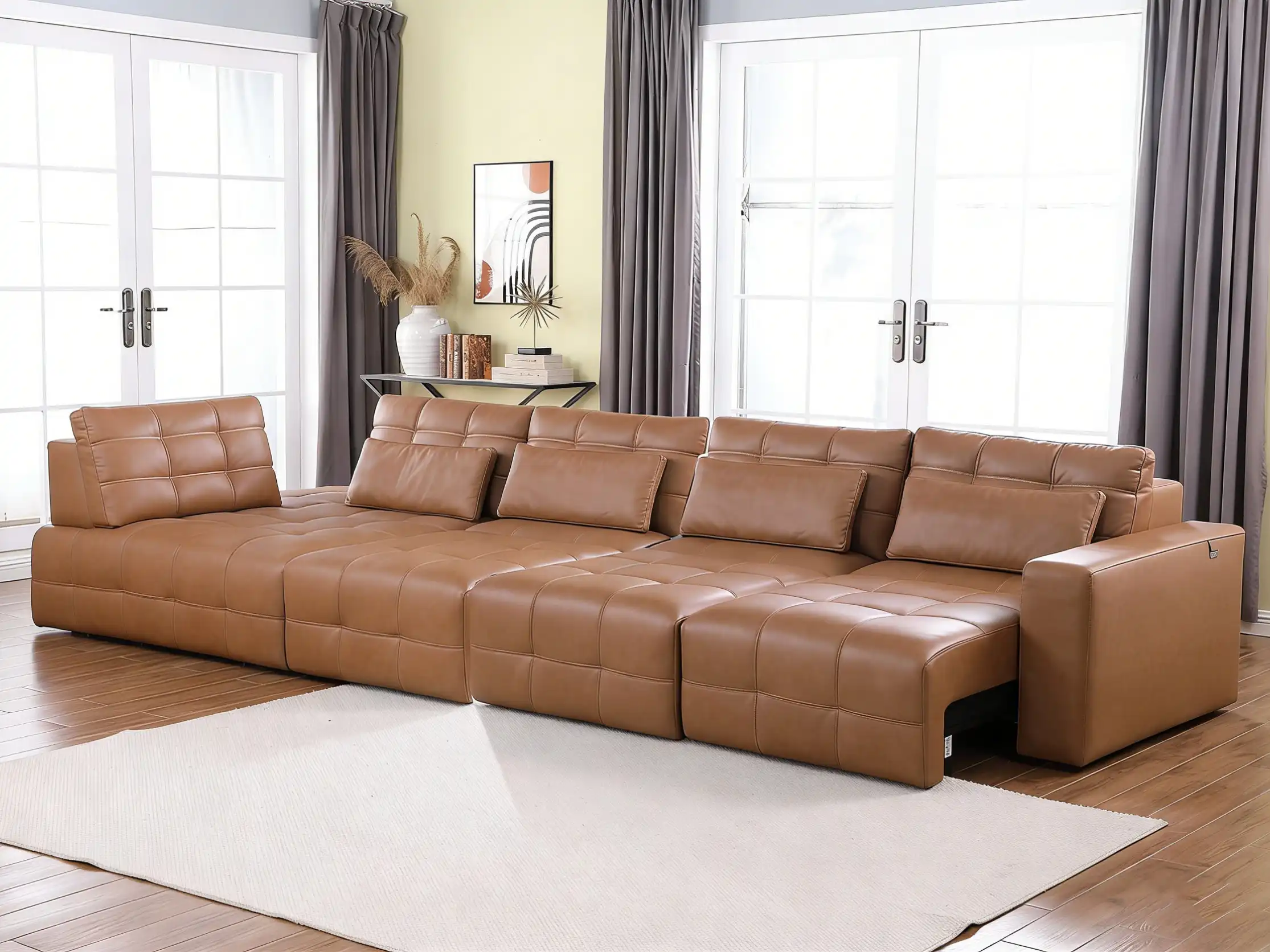 camel brown leather sectional